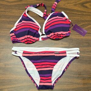 LASCANA Women's Striped Bikini - Pink and Purple